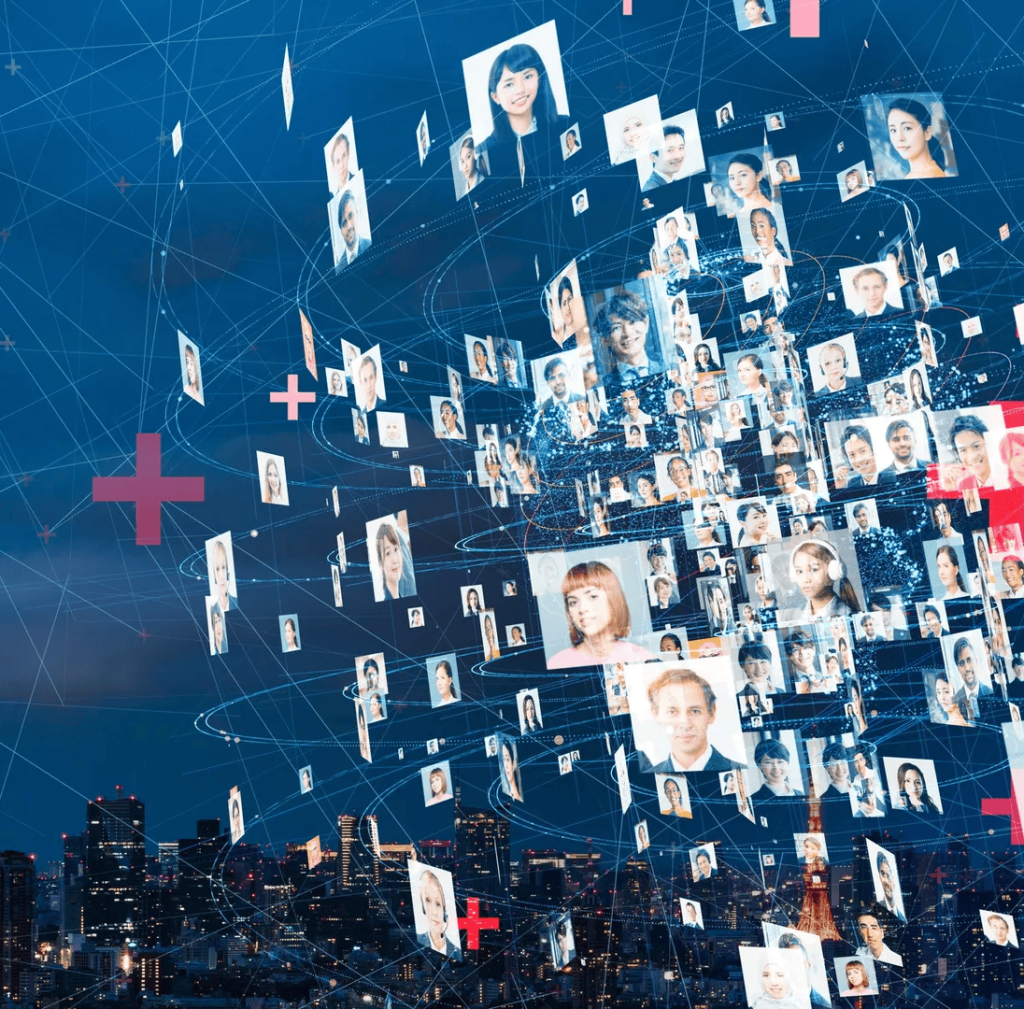 Digital network connecting diverse faces and data globally.